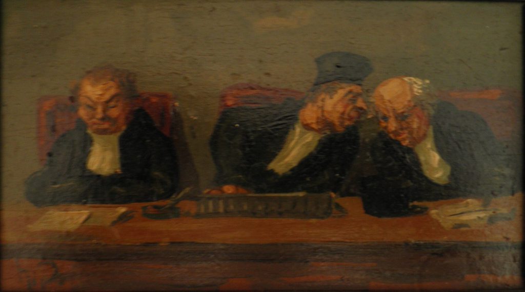 Pintura de tres jueces togados sentados en el estrado, de frente y con gesto impasible