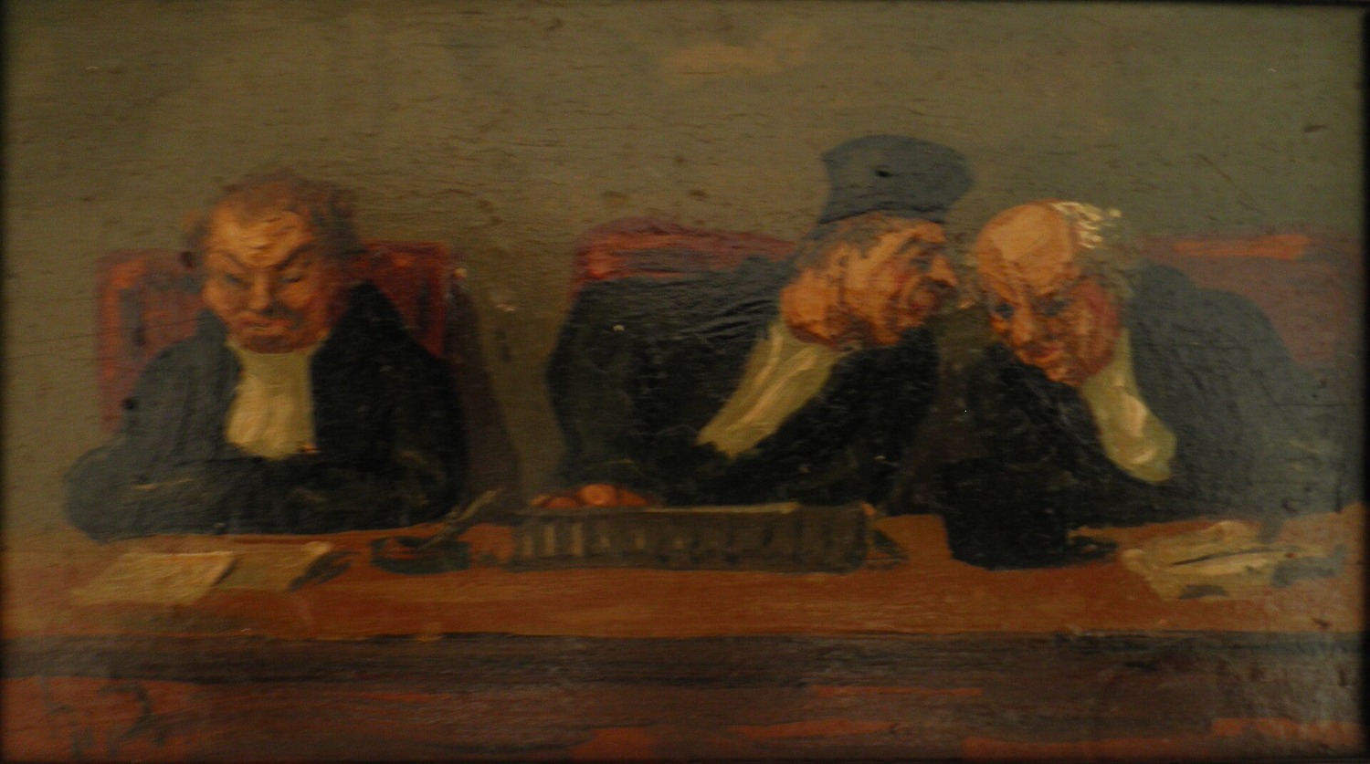 Pintura de tres jueces togados sentados en el estrado, de frente y con gesto impasible