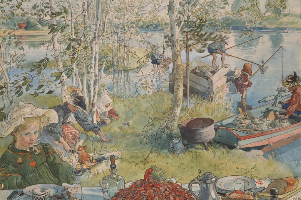 Acuarela de Carl Larsson: una familia, con personas adultas y jóvenes, pescando cangrejos juntas a la orilla del agua